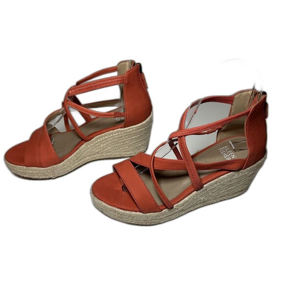 Eileen Fisher Wanda Wedge Orange Leather Espadrille Sandals‎ Womens SIZE 5.5 - Picture 1 of 5